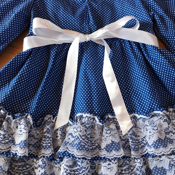 Jill Lynn vintage Dress royal blue white polka dot lace ribbon long sleeve T3 3T - Picture 3 of 14